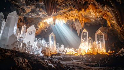 Majestic crystal cave with giant shimmering quartz formations, illuminated by natural