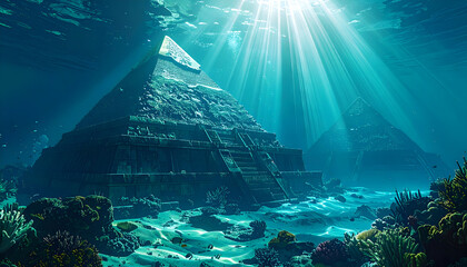 Underwater view of an ancient Egyptian city with pyramids on the ocean floor