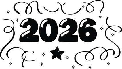 Hand drawn 2026 new year design with bold numbers, swirls, and star