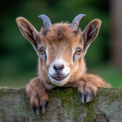 Fototapeta premium Curious baby goat peeking over fence, showcasing its playful expression and soft fur