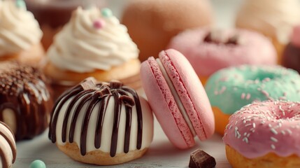 Variety of colorful and delectable treats, including donuts, macarons, and cupcakes