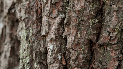 Naklejka premium Close-up view of a textured tree bark, exhibiting deep grooves and various shades of brown, with flecks of green moss.