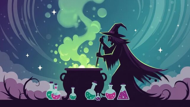 Wizard Mixing Potion in Cauldron with Bubbles and Flasks Cartoon Style