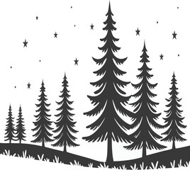 Silhouette of a forest with pine trees and stars, a beautiful winter scene