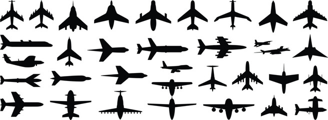 Black airplane silhouette icons collection including jet planes, passenger aircraft, fighter jets and aviation symbols, isolated vector transport design set