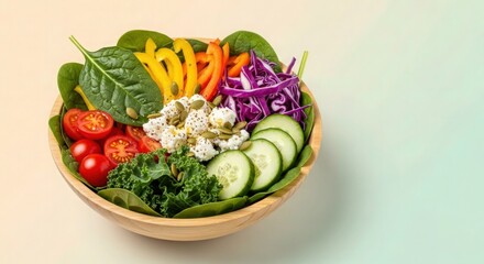 Vibrant and appetizing salad bowl filled with fresh colorful vegetables, a healthy and delicious meal option for wellness and vibrant living, perfect for a balanced diet campaign