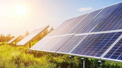 installation. Solar panels in a sunlit field, representing sustainable energy and environmental care. ESG reports, sustainability campaigns, designed for environmental awareness campaigns.