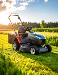 Lawn mower in a field at sunset