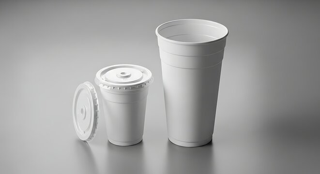 Disposable white paper cups on a gray background