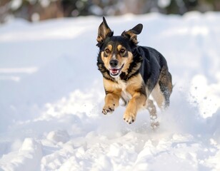 Happy dog running through snow