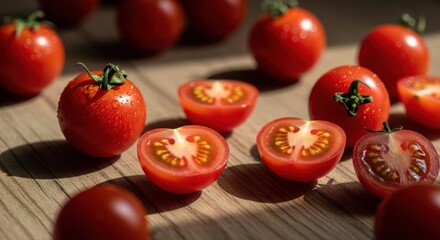 Fresh juicy tomatoes glistening with water droplets, beautifully cut for vibrant culinary creations, enhancing salads and dishes with garden-fresh goodness and summer flavors