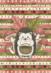 Adorable autumn hedgehog with rosy cheeks, holding basket, surrounded by mushrooms and fall leaves, on pastel plaid and striped background in blush pink and olive green, ideal for  greeting cards