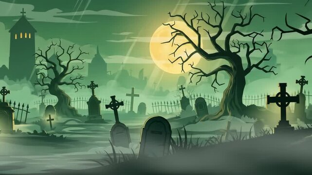Eerie Graveyard Scene with Full Moon and Fog Cartoon Animation