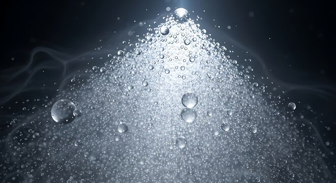 Abstract visualization showcasing a dynamic aggregation of liquid spheres under light