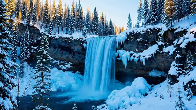 Spectacular cascading waterfall flowing through a frozen winter wonderland landscape with snow-covered pine trees and icy cliffs