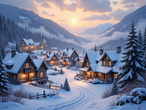 winter landscape with house and mountains