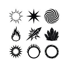 Nature silhouette icon set. featuring star, spiral, snowflake, droplet, heart, leaf, wreath symbols.
