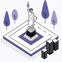Line art statue of liberty rises above abstract city landscape with a transparent background