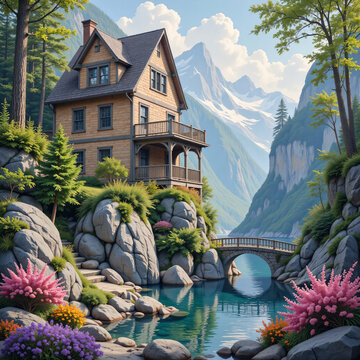 mountain landscape with flowers and trees