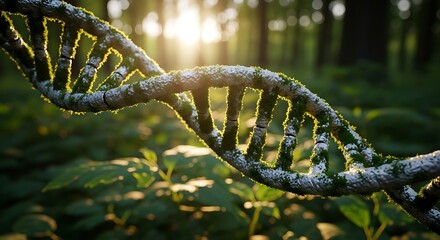 Nature s blueprint dna double helix illuminated by golden sunlight in a lush forest
