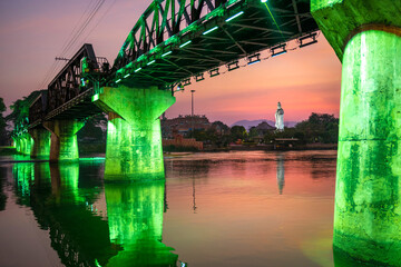The Bridge Over The River Kwai at night,illuminated by colorful LED lights,Kanchanaburi,Thailand.