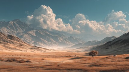 Naklejka premium Tranquil Panorama: Desert Valley Landscape with Majestic Mountains and Cloudy Sky