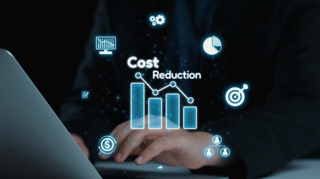 A professional using a laptop with a focus on cost reduction. The scene showcases essential financial analytics with glowing icons, emphasizing technology in business success. Qubit