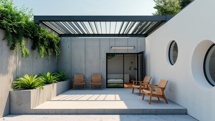 a modern architectural rendering showcasing a minimalist outdoor patio area. The layout features a rectangular space with a concrete floor and a partial open roof, allowing natural light to filter thr