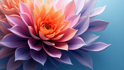 Fototapeta premium A vibrant, detailed close-up of a three-dimensional flower design, featuring layered petals in a gradient of warm and cool tones, creating a striking visual effect against a pale blue backdrop.