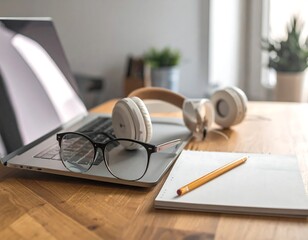 Laptop, headphones, glasses, notebook on a wooden table