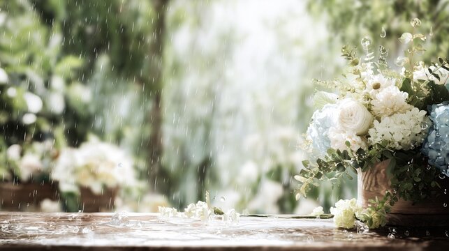 Event planning inspiration with a romantic floral arrangement on a rustic wooden table for wedding celebrations