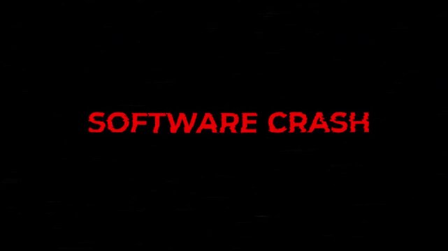 Red Software Crash Text with Digital Glitch Effect on Black Background.