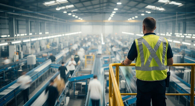 Supervisor in reflective vest overseeing busy industrial assembly line with workers ensuring organized production process - Powered by Adobe