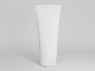 3D render of a blank white cosmetic tube with a flip cap. Realistic plastic bottle mockup isolated on a gray background for product branding and packaging design