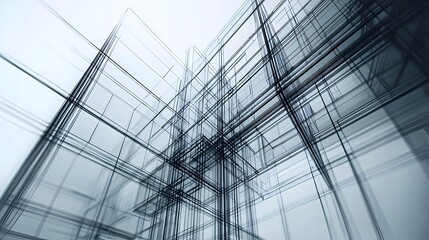Modern abstract architectural wireframe design with transparent layers and dynamic intersecting lines, representing futuristic urban structure and digital innovation for creative projects.