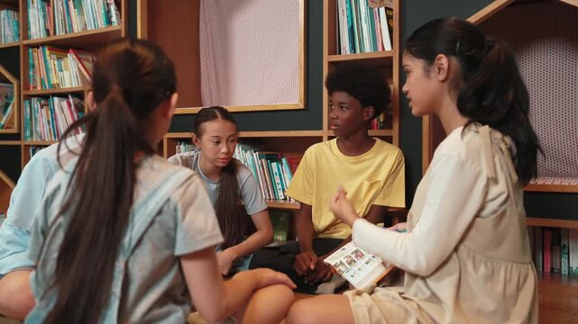 Back view of kid sitting in circle while cute girl flip the page to present her favorite book. Group of diverse student talking, sharing idea at modern library. Creative activity. Edification