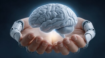 Futuristic Robotic Hands Holding a Human Brain, Symbolizing Artificial Intelligence and Advanced Technology Integration in Modern Science
