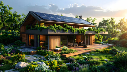 Fototapeta premium Eco-Friendly Home: Modern eco-friendly house with solar panels and lush greenery, surrounded by a beautifully landscaped garden in the bright sunshine.