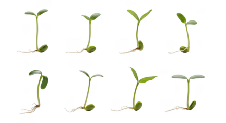 Eight young plant sprouts growing isolated on transparent background