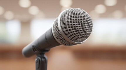Professional microphone in focus with blurred background in a conference room setting, ideal for presentations, speeches, or podcast recordings.