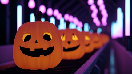 Halloween Robot Pumpkins On Conveyor Belt