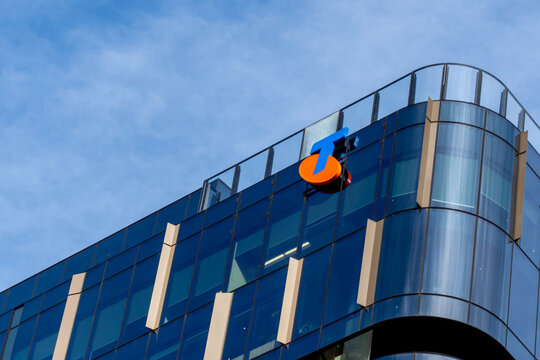 Sydney, Australia - August 14, 2025: Telstra logo on the office building in Sydney, Australia. Telstra Group Limited is an Australian telecommunications company. 
