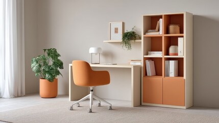 Bright and Modern Home Office with Stylish Furniture, Potted Plant, and Minimalistic Decor for Productive Workspace Inspiration