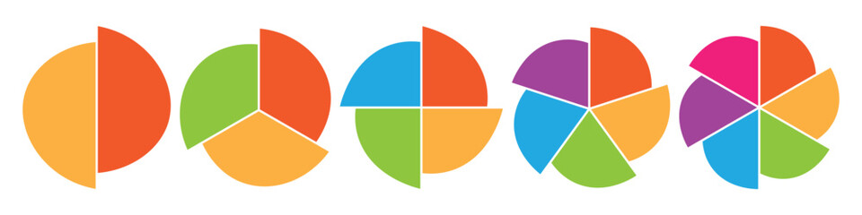 Obraz premium Colorful pie chart infographic for business data, marketing shares and financial analytics. 2, 3, 4, 5, and 6 parts