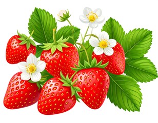Fresh Strawberries with Leaves and Flowers.