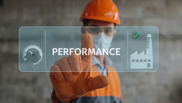 Industrial worker using virtual touch screen presses the word PERFORMANCE. Performance, Productivity, Efficiency Industry concept.