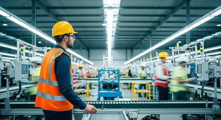 Factory worker wearing safety helmet and reflective vest supervising production line in modern industrial facility