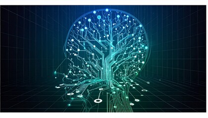 Conceptual illustration of artificial intelligence showing a human head silhouette with a glowing circuit board tree inside.