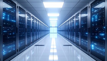 A futuristic data center hallway with rows of server racks and glowing blue lights.
