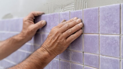 Hands Placing Tiles on Wall During Home Renovation Work with Focus on Purple Ceramic Tiles in a Modern Interior Design Project